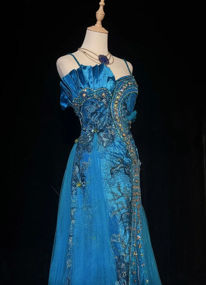 Vintage Prom Dresses 1960s Mermaid Spaghetti Strap Blue Tulle With Beads Sleeveless Prom Dresses Evening Formal Outfits RB5124