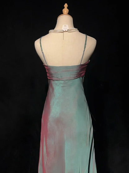 Vintage Prom Aesthetic Dresses A Line Spaghetti Strap Green Chiffon Long Formal Dress N3017