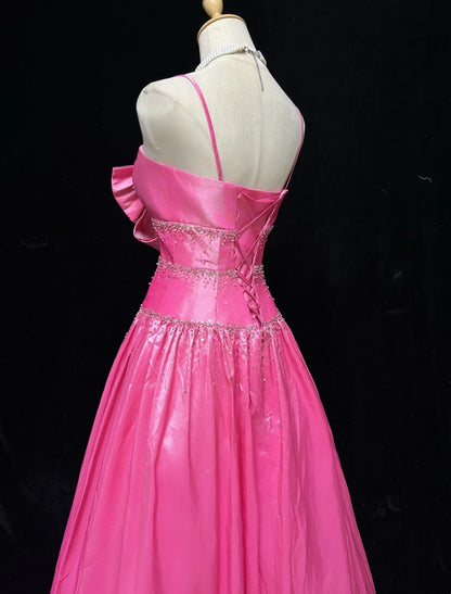 Princess Prom Dresses Ball Gowns Spaghetti Strap Pink Sleeveless Evening Long Formal Dress RB3260