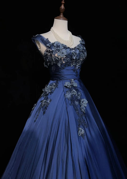 Vintage Prom Dresses Ball Gown Sweetheart Navy Blue Satin With Applique 90s Long Formal Evening Gown N2658