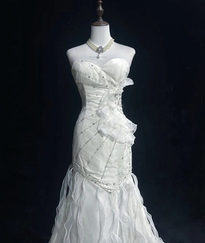 White Prom Dress Inspo Mermaid Sweetheart Beading Long Birthday Outfits Formal Party Gown RC0102