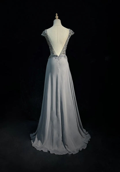 Vintage Prom Dresses 80s A Line Scoop Grey Sleeveless Chiffon With Beading Semi Formal Evening Outfits N3615