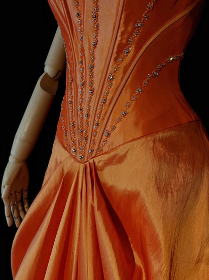 Timeless Prom Dresses Ball Gown Spaghetti Strap Orange Taffeta With Beading Cape Evening Outfits N3239