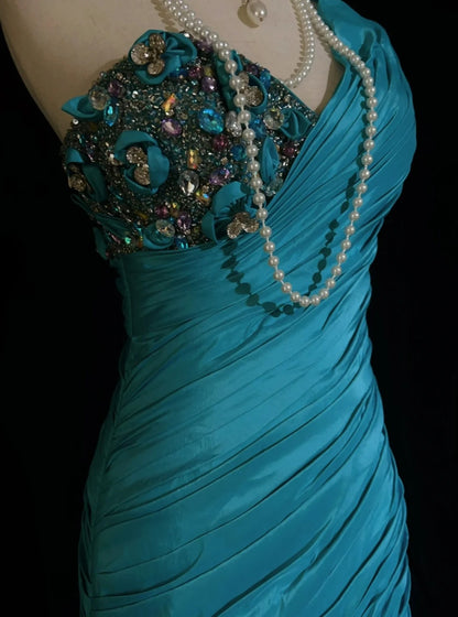 Vintage Prom Dresses Mermaid One Shoulder Retro Style Blue Taffeta With Beaded 90s Long Evening Gown N2905