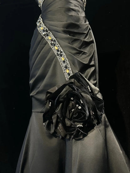 Vintage Mermaid One Shoulder Black Tie Dress Evening Long Prom Dresses Formal Outfits RB3936