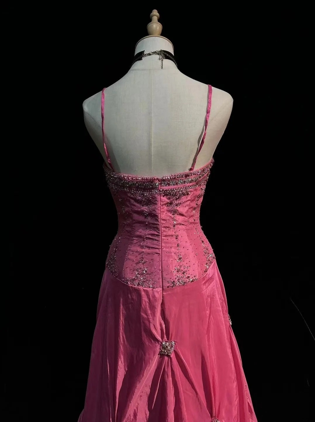 Vintage Prom Dresses A line Spaghetti Strap Taffeta Pink With Silver Beads 1950s Long Formal Gown N2595