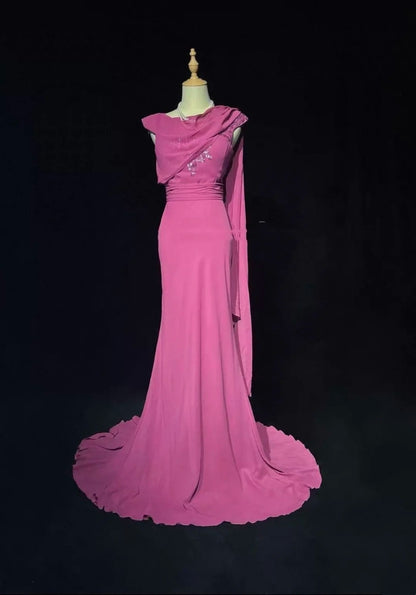 Vintage Prom Dresses Mermaid One Shoulder Hot Pink Chiffon Sleeveless 1990s Long Formal Evening Gown N2638