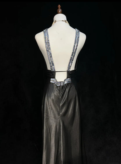 Vintage Prom Dresses Mermaid V Neck 90s Satin With Beading Long Black Tie Formal Party Dress N2509