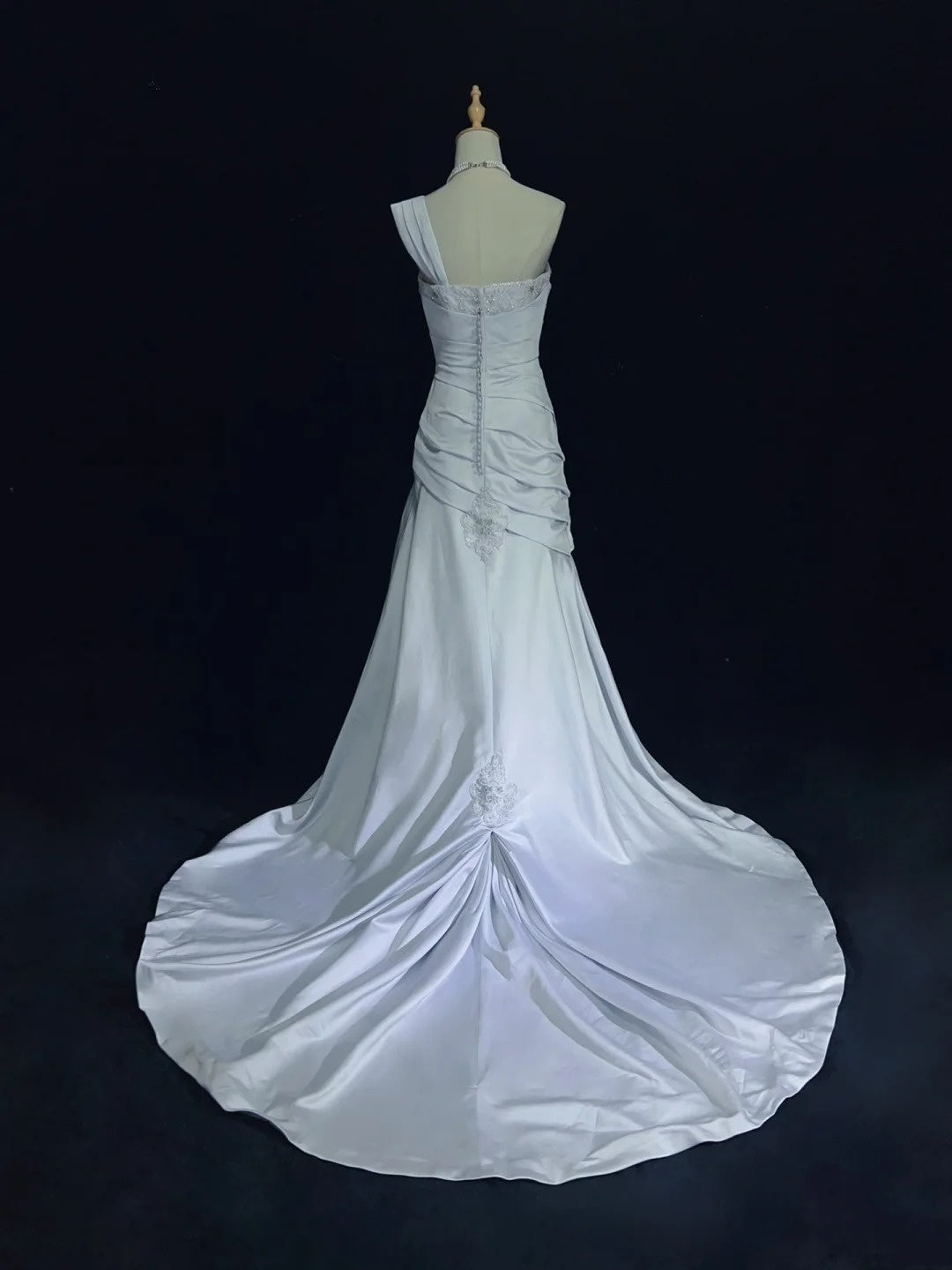 Modest Prom Dresses Mermaid One Shoulder Light Sky Blue Satin With Lace Long Formal Dance Dress N3000