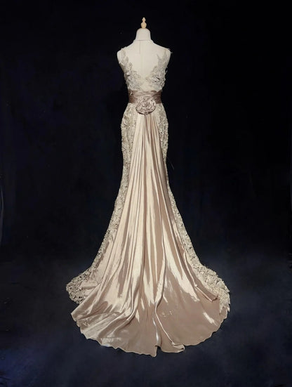 Vintage Prom Dresses 1980s Mermaid V Neck Pink Lace With Appliqued Beaded Long Prom Gown N3112