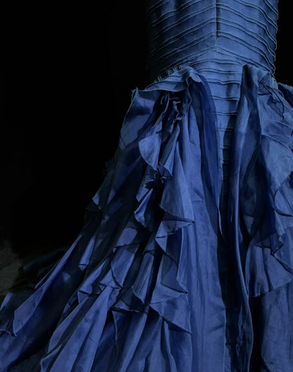 Vintage Prom Dresses Mermaid Sweetheart Navy Blue Satin With Tiered Layers 90s Long Evening Gown N2906