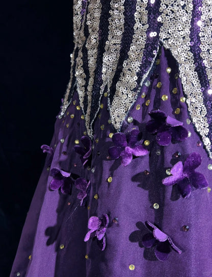 Glitter Prom Dresses Mermaid Spaghetti Strap Purple Chiffon With Flowers Long Formal Evening Dress N3893
