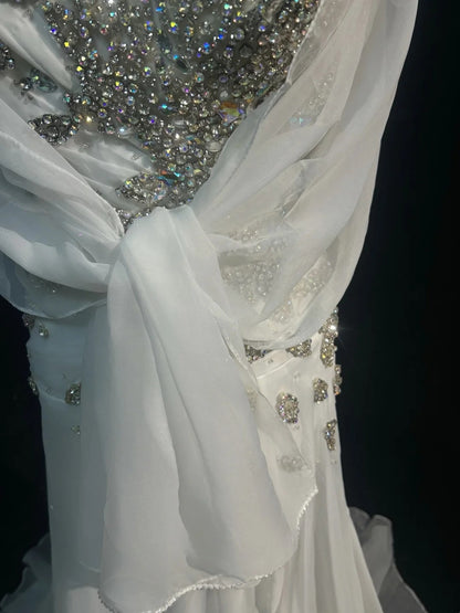 Vintage 90s Prom Dresses Mermaid White Chiffon With Ruffled Silver Beads Long Prom Gown With Cape N3035