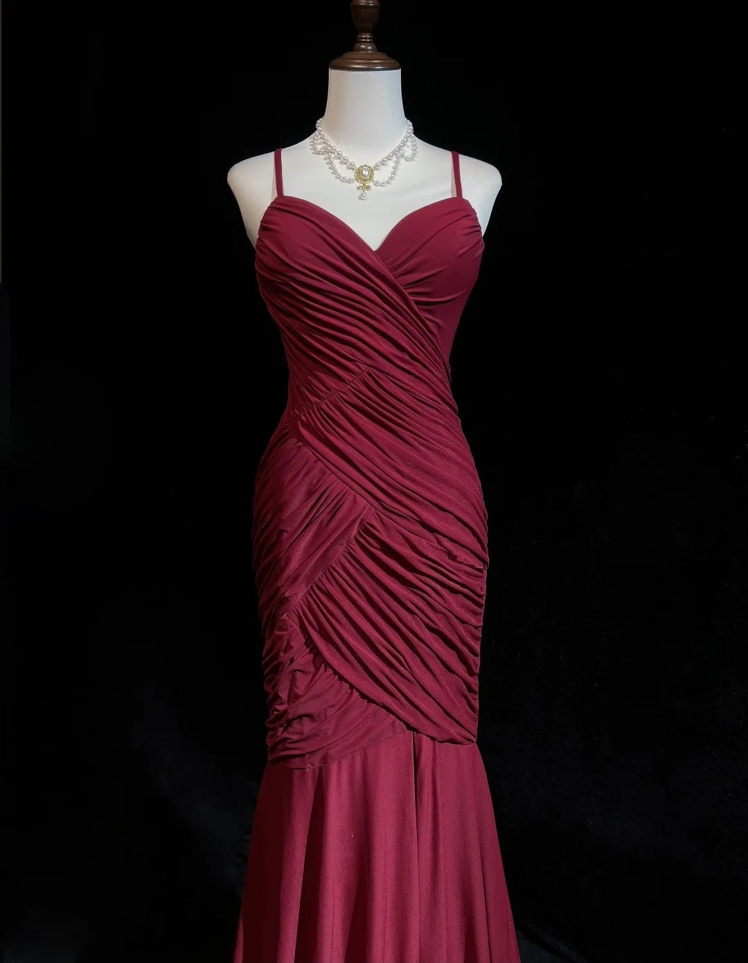 Vintage Mermaid 2000s Spaghetti Strap Burgundy Chiffon With Pleated Formal Dress Long Prom Dresses N2577