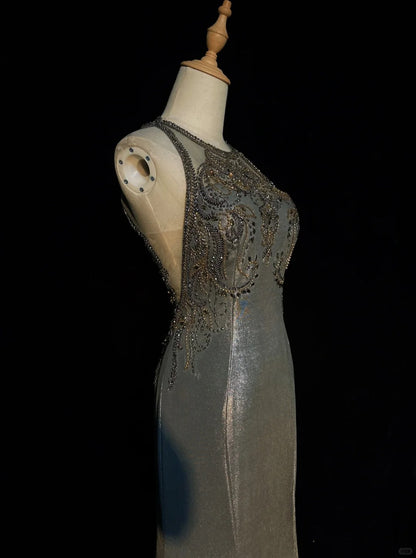 Charming Prom Dresses Mermaid Scoop Grey Gray With Beaded Long Formal Evening Outfits N3689
