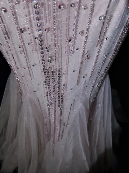 Timeless Prom Dresses Mermaid Spaghetti Strap Light Pink Tulle With Beading Backless Long Evening Outfits N3233