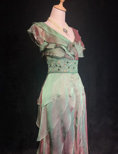 Classy Prom Dresses A line V Neck Green Tiered Layers Chiffon With Ruffle Long Formal Dress N2897