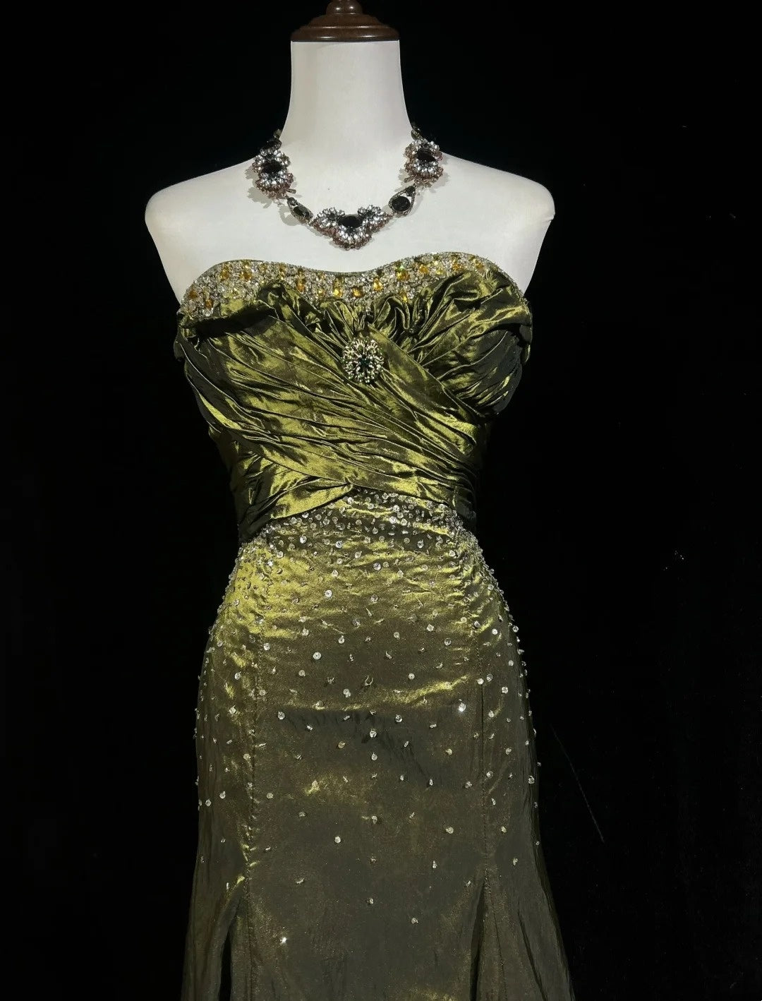 Vintage 90s Prom Dresses Mermaid Sweetheart Olive Green Taffeta With Beads Long Prom Gown N3026
