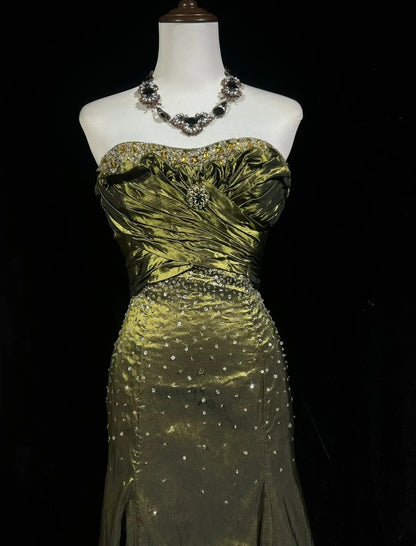 Vintage 90s Prom Dresses Mermaid Sweetheart Olive Green Taffeta With Beads Long Prom Gown N3026