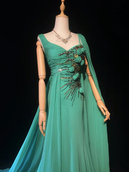 Elegant Mermaid One Shoulder Green Chiffon With Silver Beaded Bodice Formal Dress Long Prom Dresses N2726