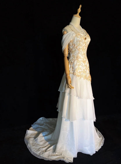 Beautiful Prom Dresses Mermaid Spaghetti Strap Gold Lace With Sleeves Long Formal Evening Outfits N3659