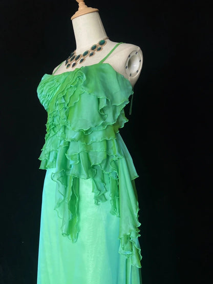 Beautiful Prom Dresses A Line Spaghetti Strap Green Chiffon With Ruffle Long Evening Outfits N3331