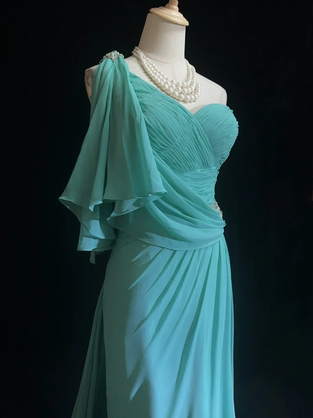 Vintage Prom Dresses Mermaid One Shoulder Blue Chiffon 80s Long Formal Gown N2758