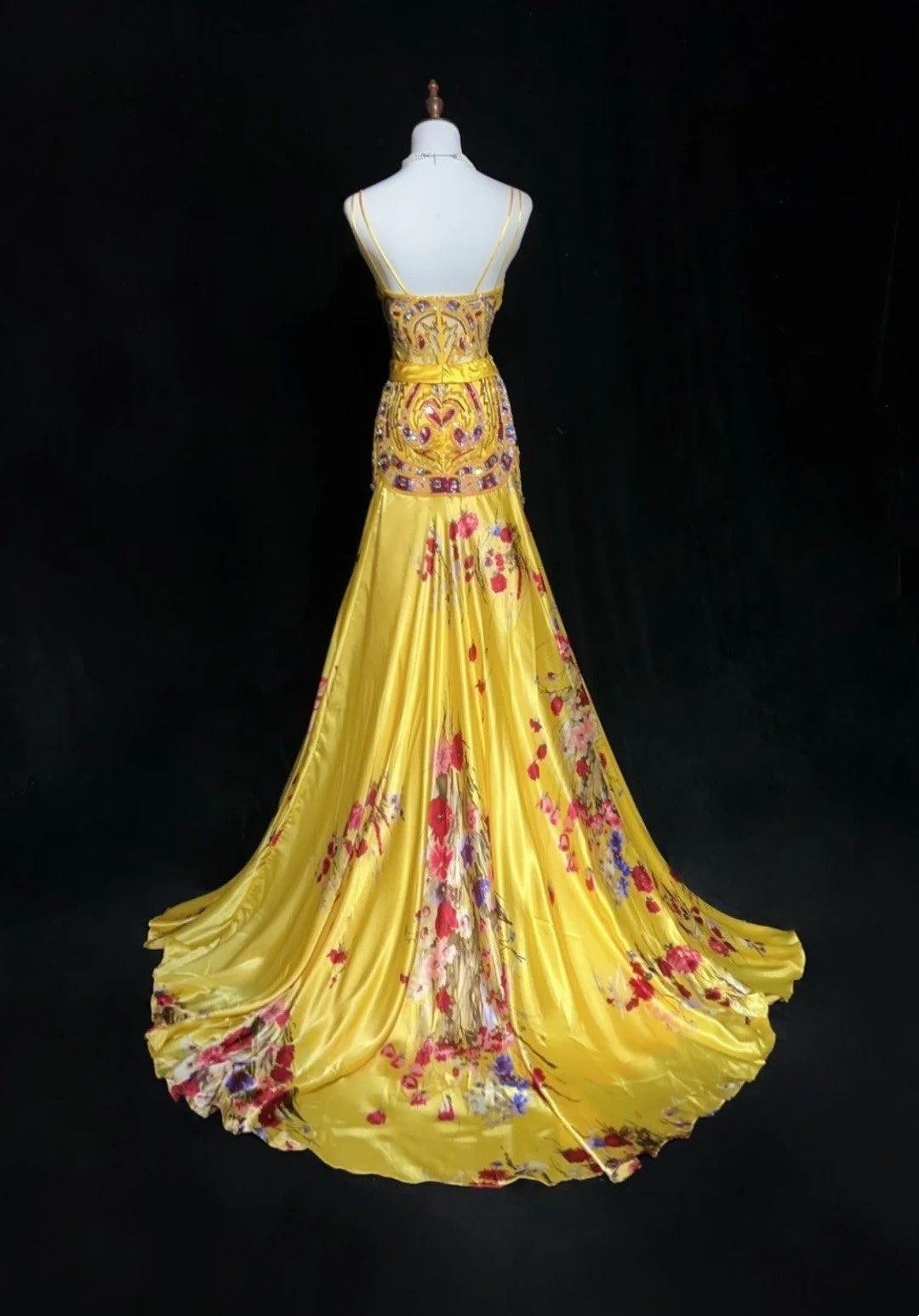 Yellow Prom Dress Inspo Mermaid Spaghetti Straps Floral Satin Long Formal Party Gown RC0097