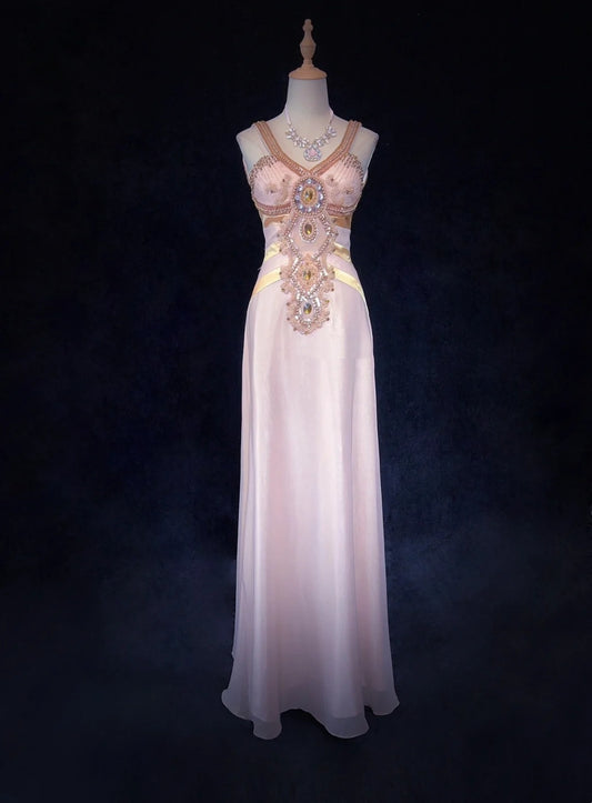 Vintage Prom Aesthetic Dresses A Line V Neck Chiffon Pink With Beading Long Formal Dance Dress N3009