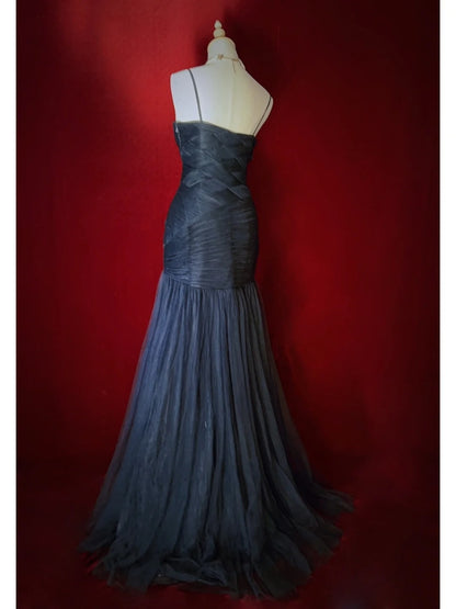 Elegant Prom Dresses Inspo Mermaid Spaghetti Strap Navy Blue Tulle With Ruffled For Women Formal Dress N3226