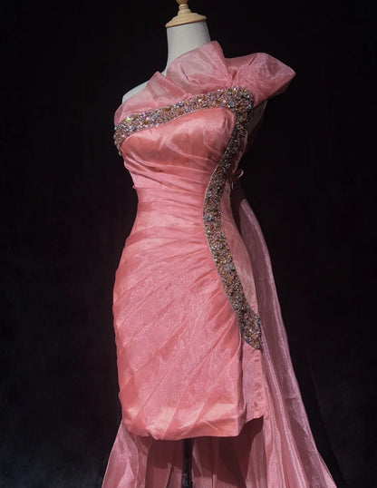 Vintage Prom Dresses Inspo Sheath One Shoulder Pink 80s With Beading Short Formal Gowns N3385