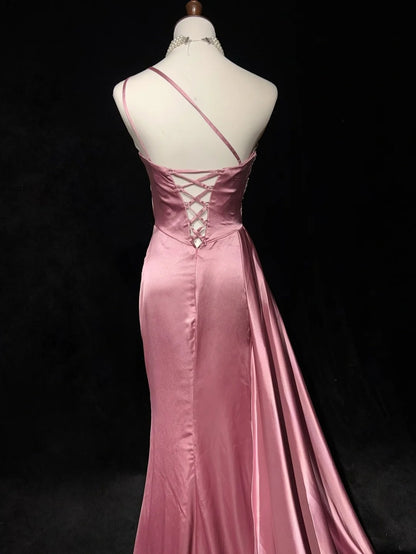 Vintage Prom Dresses Inspo Mermaid One Shoulder Satin With Beads Slit 80s Long Formal Gown N2735