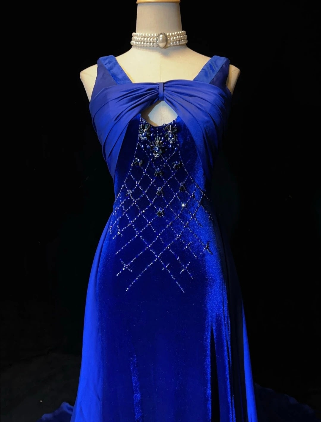 Vintage Prom Dresses Mermaid Royal Blue Velvet Sleeveless With Beading 90s Long Formal Gown N2902