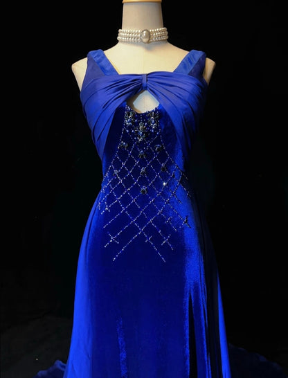 Vintage Prom Dresses Mermaid Royal Blue Velvet Sleeveless With Beading 90s Long Formal Gown N2902