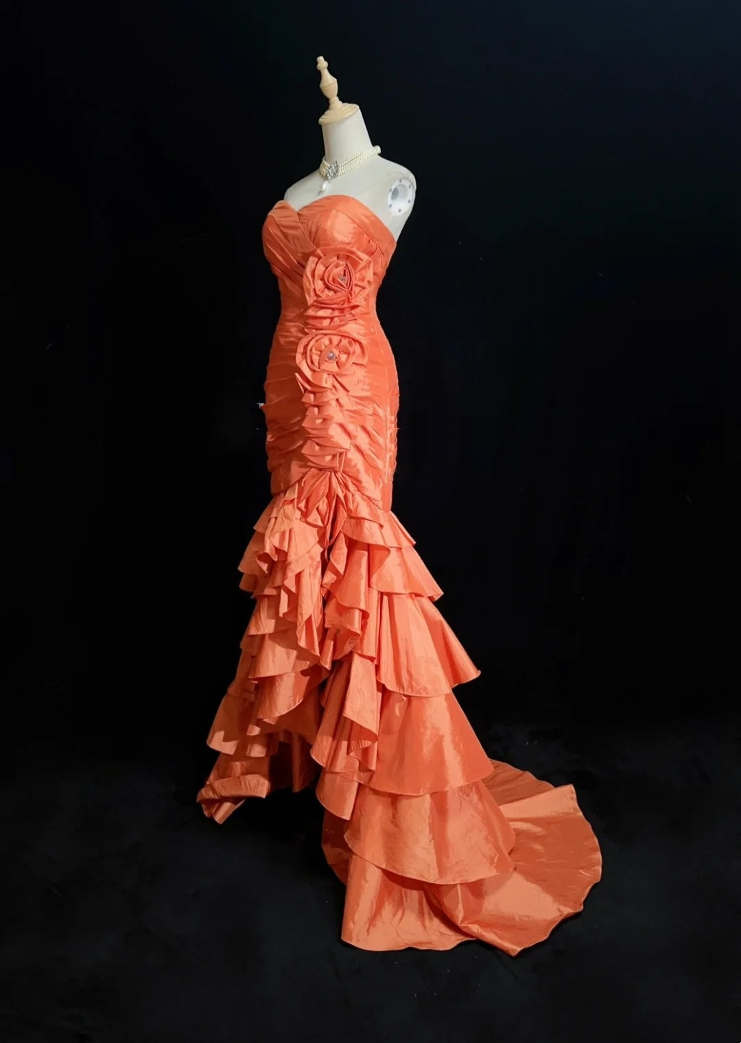 Vintage Prom Dresses Mermaid High Low Sweetheart Orange With Layered Tiered 80s Long Formal Gown N2731