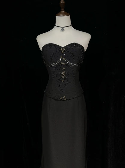 Vintage Prom Dresses Mermaid Sweetheart Black Tie Gown 80s Satin Evening Formal Dress RB3263