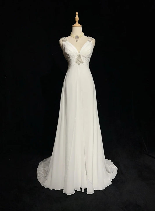 Modest Wedding Dresses A Line V Neck Chiffon Beach Summer With Beading Long Brides Gown N2999