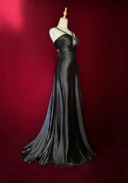 Vintage Prom Dresses Mermaid Halter 90s Satin With Beading Long Black Tie Formal Party Dress N2504