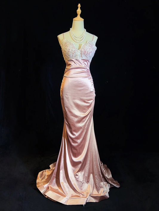 Vintage Prom Dresses Inspo Mermaid Spaghetti Strap Pink Satin With Ruffled White Lace For Women Formal Dress N3249