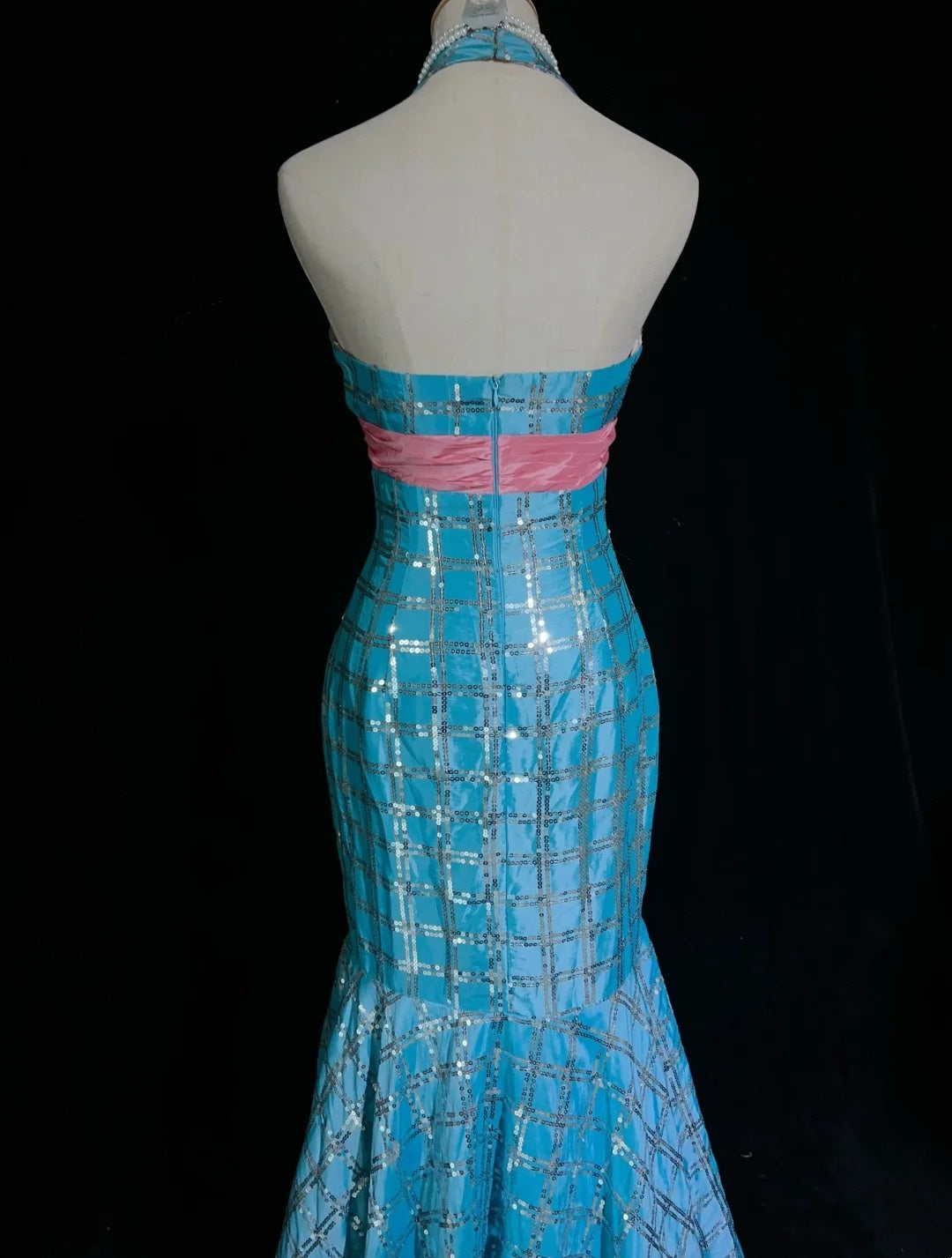 Vintage Prom Dresses Mermaid V Neck Blue Sequin Sleeveless 1980s Long Formal Gown N2866