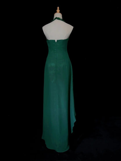 Vintage Prom Dresses 80s A Line Halter Green Chiffon With Beaded Long Evening Outfits N3450