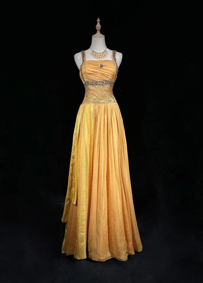 Vintage Prom Dresses A Line Square Neck Yellow Pleated 70s With Beads Formal Gown N2535