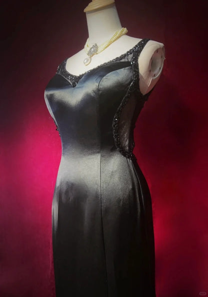 Vintage Prom Dresses Mermaid V Neck Black Satin With Beading Backless Long Formal Dress N2508