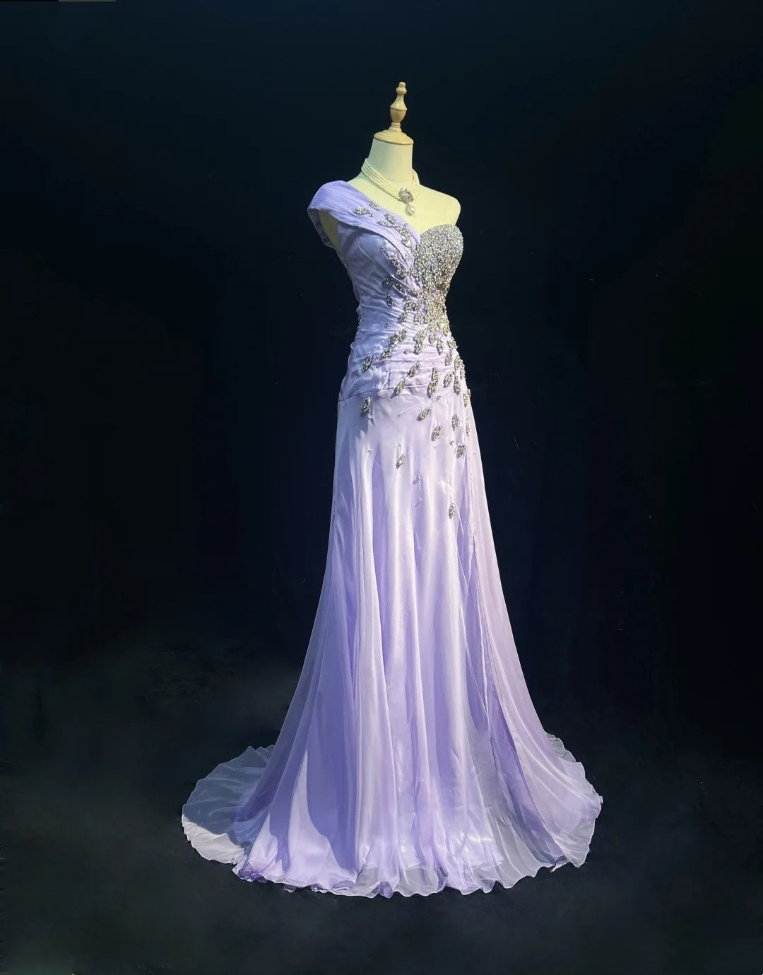 Elegant A Line One Shoulder Lilac Chiffon With Silver Beaded Bodice Formal Dress Long Prom Dresses N2725