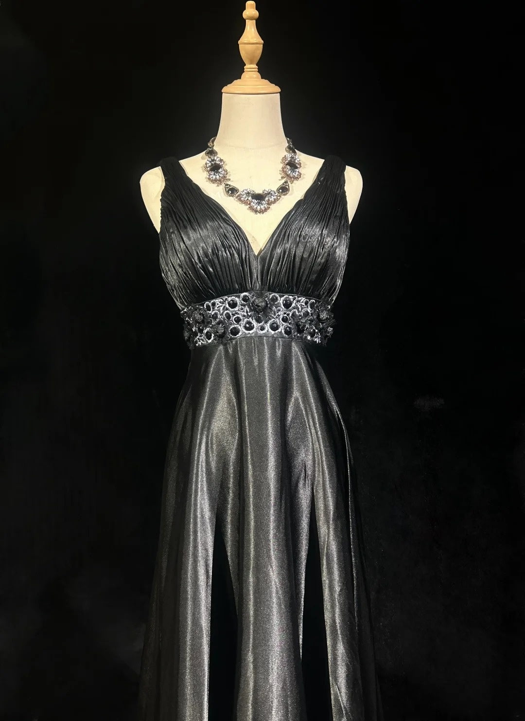 Vintage Prom Dresses A line Empire Black Satin With Beading 1980s Long Formal Gown N2624