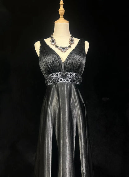 Vintage Prom Dresses A line Empire Black Satin With Beading 1980s Long Formal Gown N2624