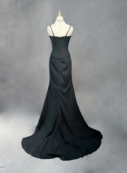Vintage Prom Dresses 1950s High Low Spaghetti Straps Black Tie Dress Sleeveless Evening Formal Outfits RB4339