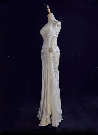 Modest Prom Dresses Mermaid V Neck White Satin Sleeveless With Ruffled Formal Evening Dress N3824