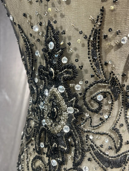 Vintage Prom Dresses A line V Neck Black Tie Dress Beaded 90s Long Formal Evening Gown N2652
