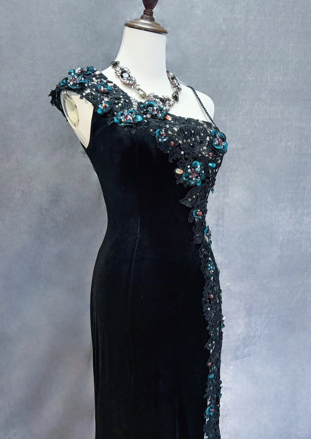 Vintage Prom Dresses Mermaid One Shoulder Black Velvet Sequin With Split Long 70s Formal Gown N2579